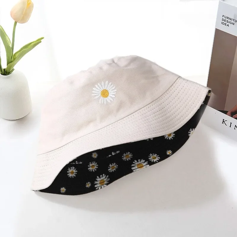 Small Daisy Flowers with Double-sided Fisherman Hat Universal Cotton Sun Protection Cap Student Pot Hat Outdoor Sun Hats