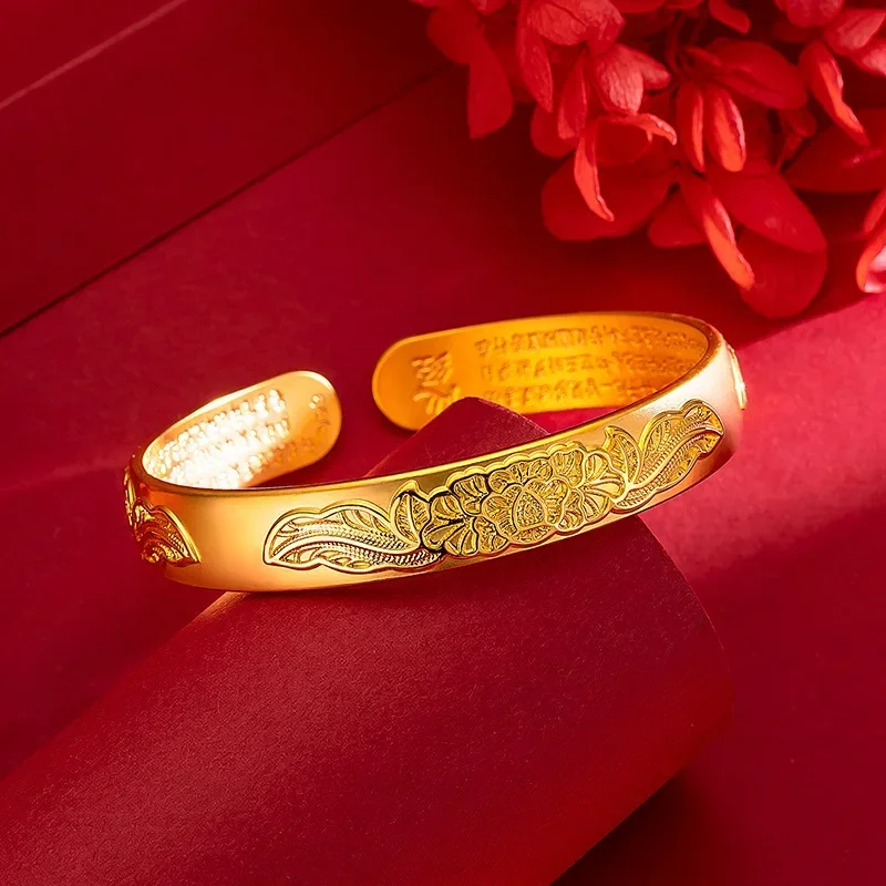 

24K Yellow Gold Heart Sutra Bracelet, 9999 Real Gold Women's High-end Peony Bracelet Ladies Wedding Birthday Gift