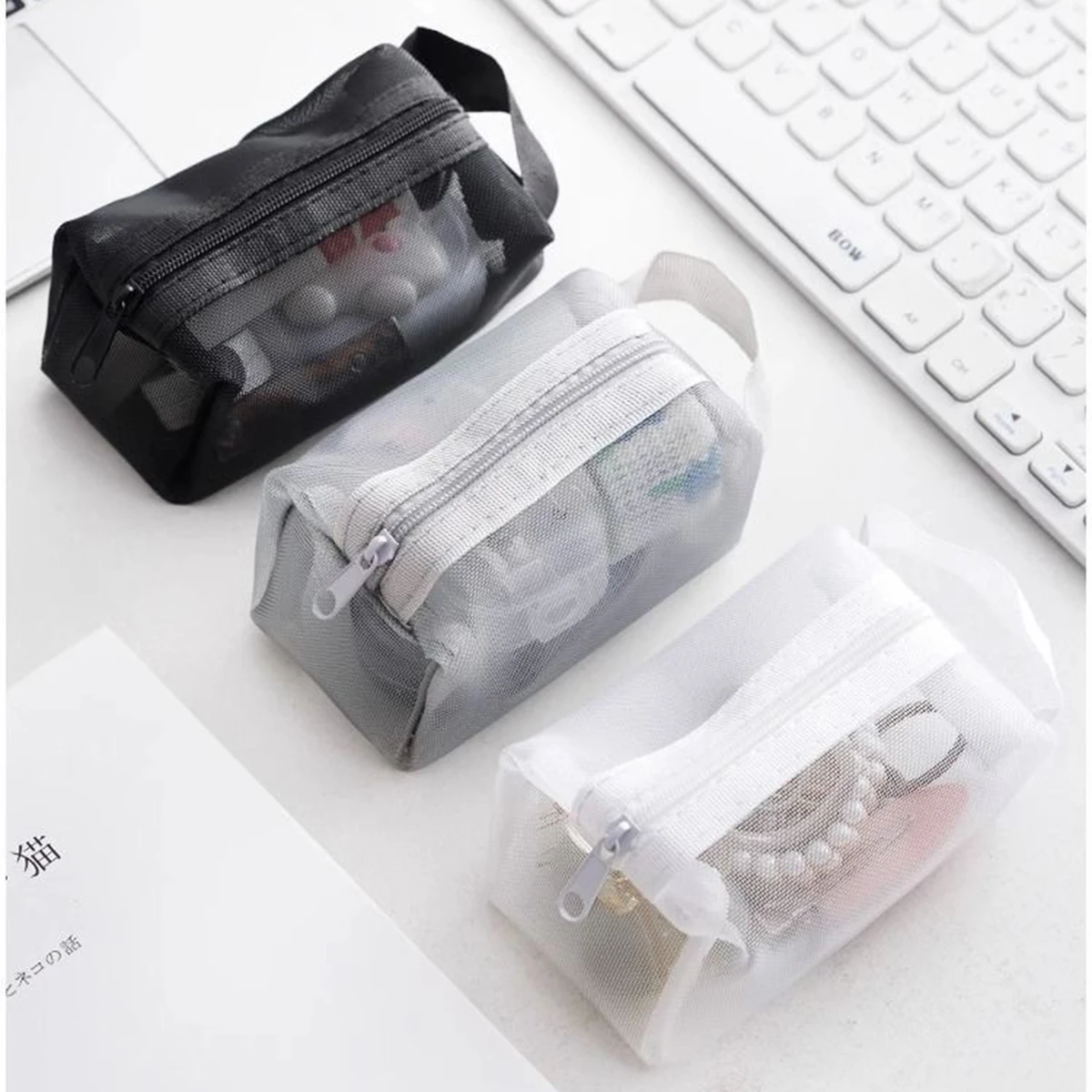 Portamonete multiuso in rete quadrata traspirante, portachiavi, mini portamonete con cerniera