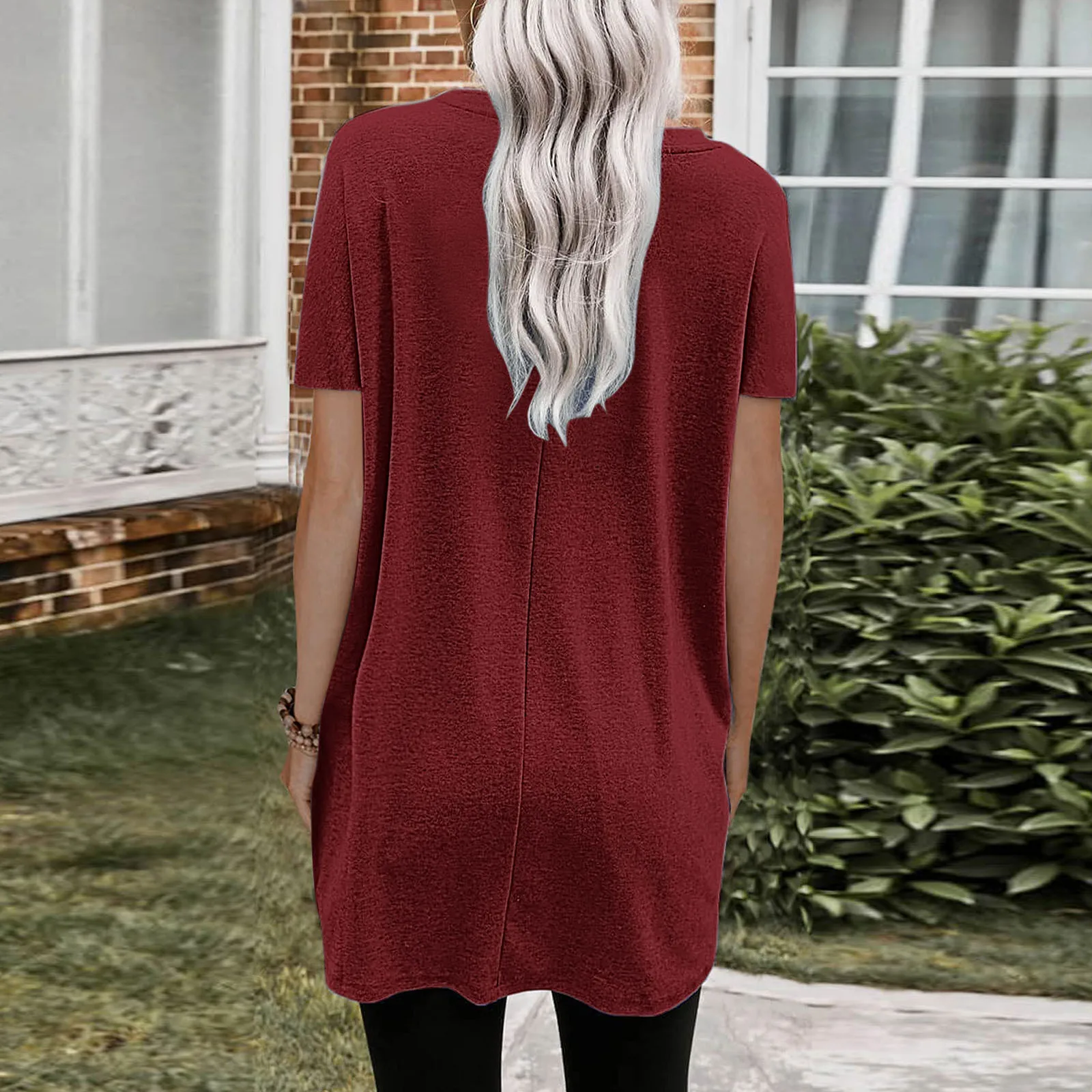 Women Long T-Shirts Summer Casual Solid Loose Pullover Crewneck Shirts Short Sleeve Tunic Tops Blouse With Pockets Lady Pullover