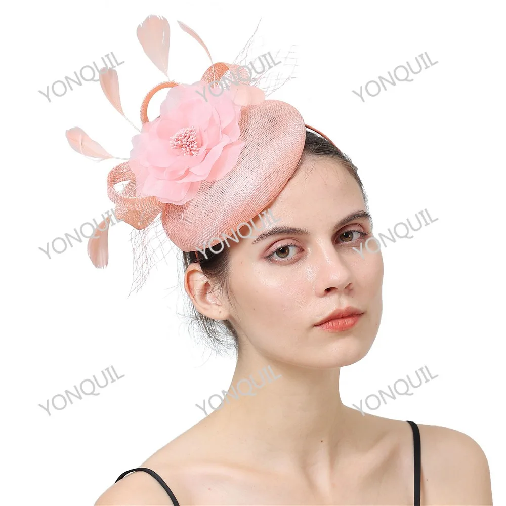 Chapéu Sinamay Millinery flor de seda para mulheres, capacete casamento com grampo de cabelo, festa nupcial, arco fascinante feminino, novo