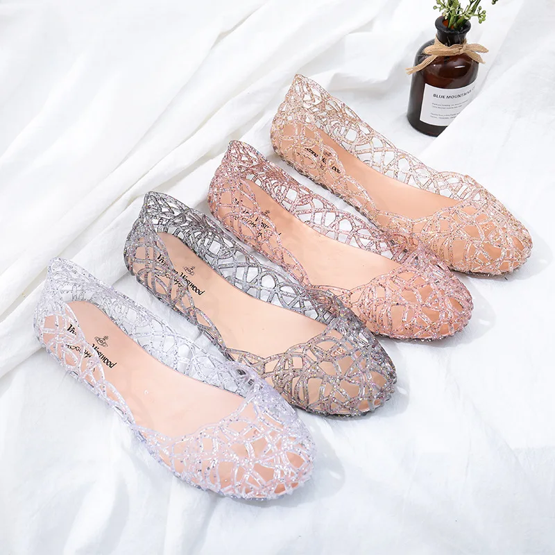 Summer women sandals flat-soled crystal clogs hollow flat-soled slip-ons shallow mouth Roman jelly shoes beach sandals