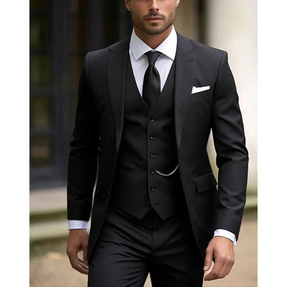 New Black 3 Piece men suit Fashion Tuxedo Peak Lapel Single Breasted costume homme Casual Business Male Clothing Chic Mens Suits