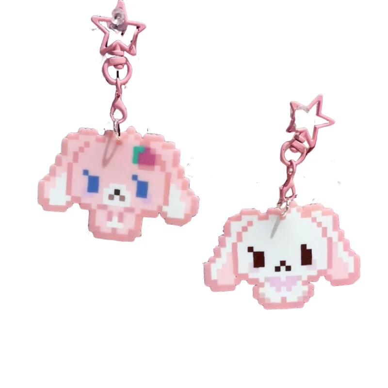 Kawaii Sugarbunnies Pixel Art Style Pink Cartoon Acrylic Pendant Star Keychain Bag Zipper Decoration A Gift for A Friend