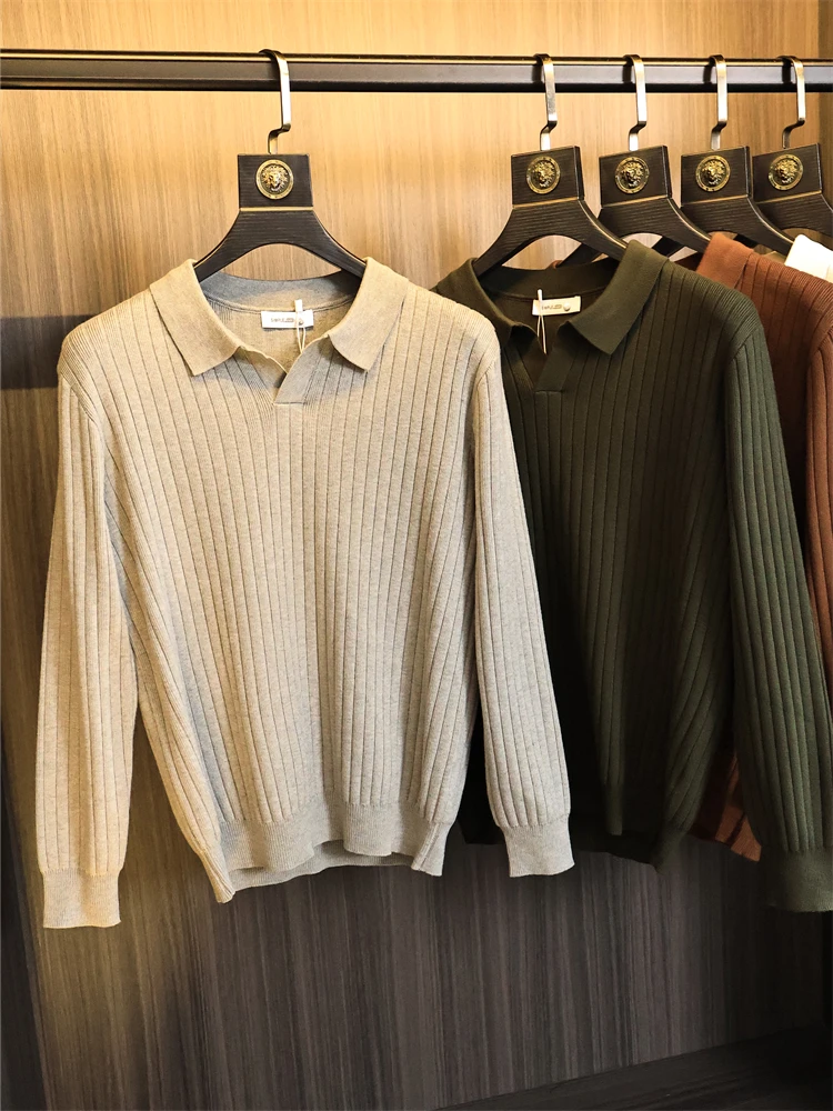 

Модный вязаный свитер для мужчин, ультрамягкий откидной воротник, маленький V-образный вырез, осенняя одежда, удобный, приятный для кожи, длинный све