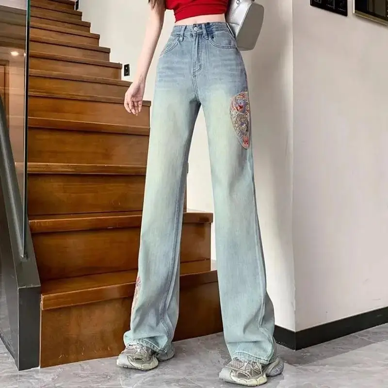 Embroidered High Waisted Jeans for Women Spring New Loose Straight Leg Pants for Women Blue Washed Jeans 2024