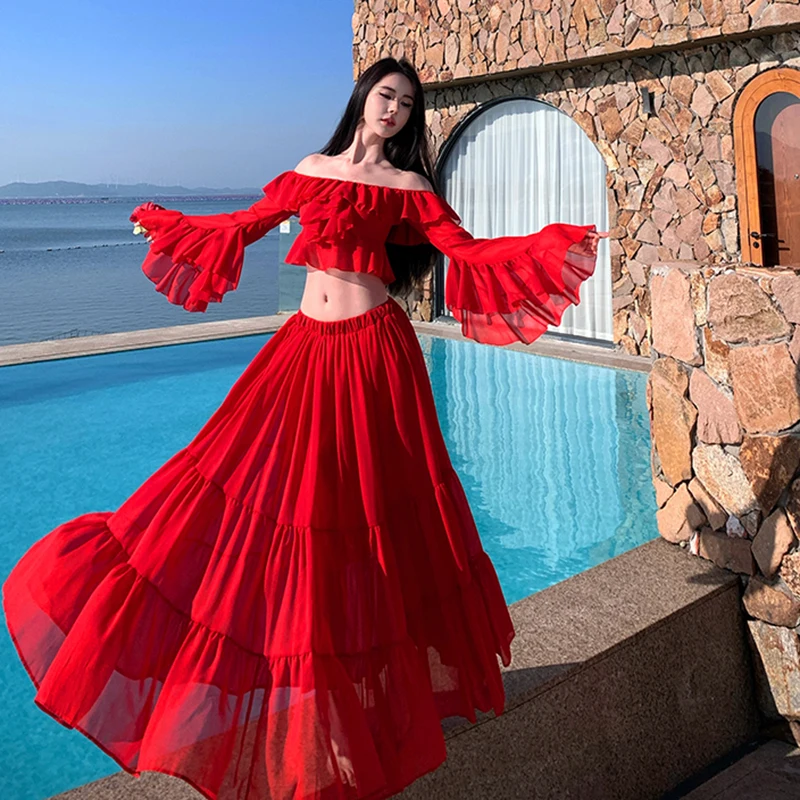 

Beach Vacation Two Piece Sets Women Slash Neck Off Shoulder Ruffles Red Crop Tops Casual High Waist A Line Summer New Long Skirt