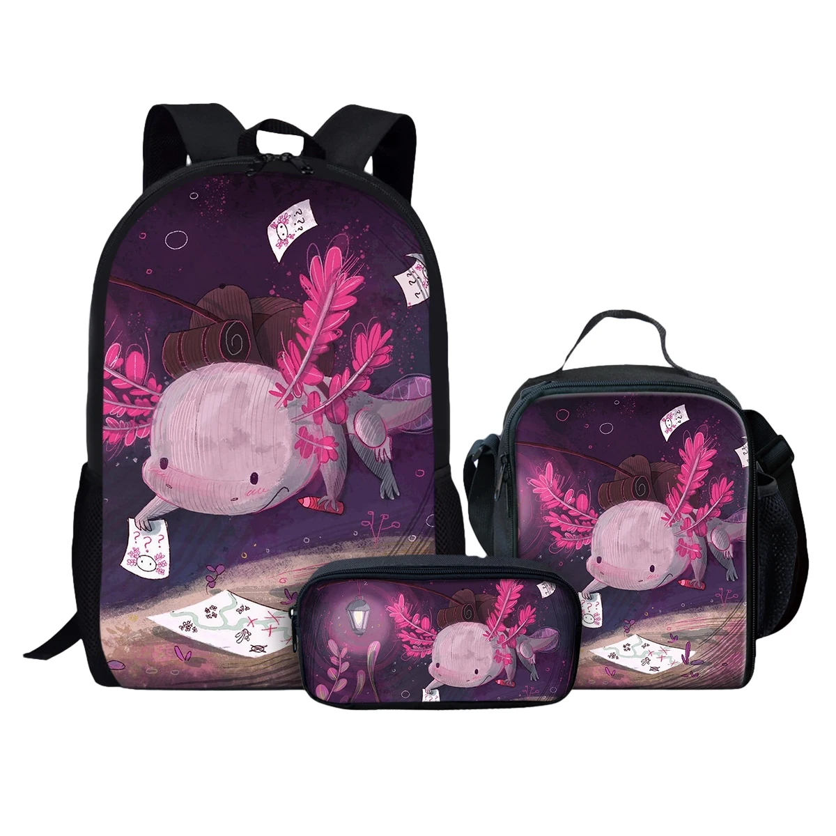 Kawaii Axolotl ransel kartun remaja perempuan laki-laki tas sekolah kapasitas besar warna macan tutul cetak 3 buah/Set ransel untuk siswa