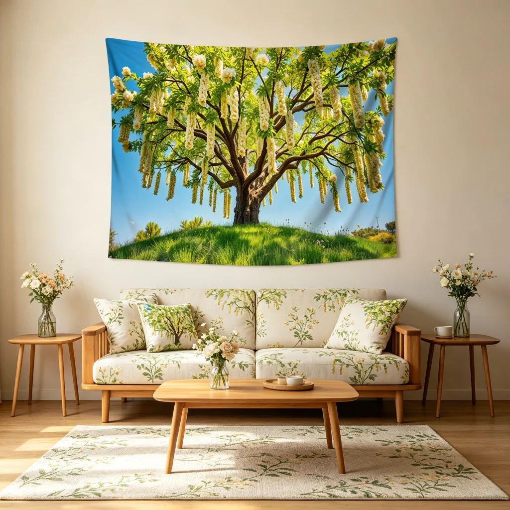 1PC Big Tree Golden Flower View Print Backdrop Banner, Bedroom Living Room Photo Background, Polyester, Home Decor, Wall Art