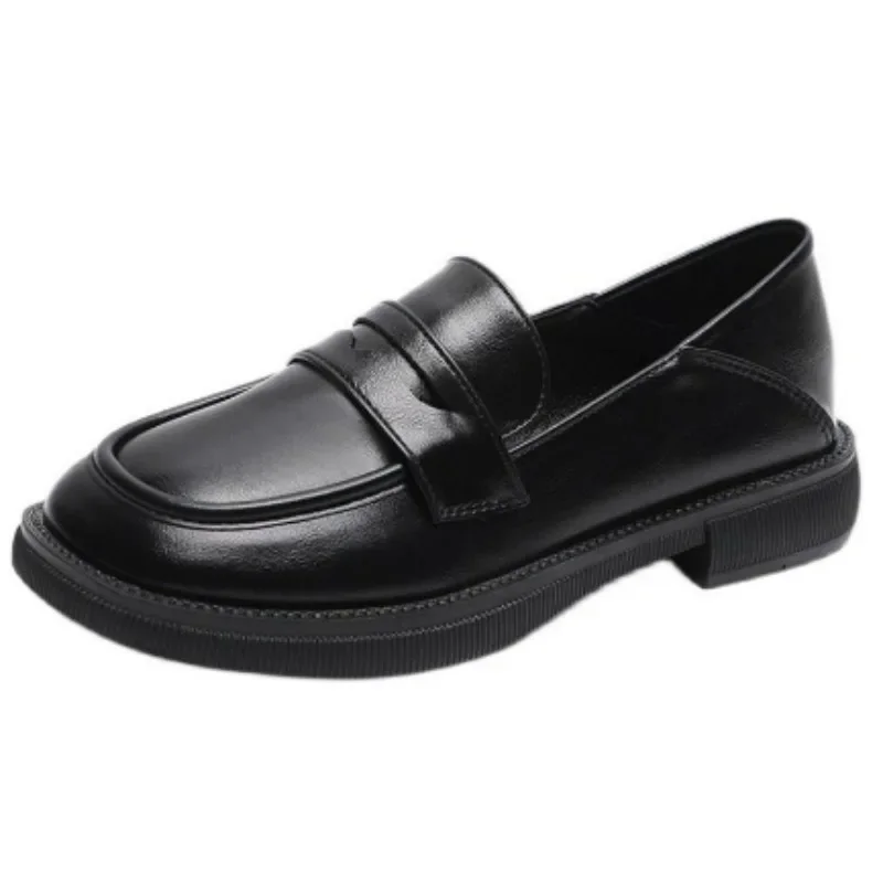 2024 New Black Leather Women\'s Loafers Platform Slip on Shoes for Women Spring British Casual Flats Shoe Woman Low Heels