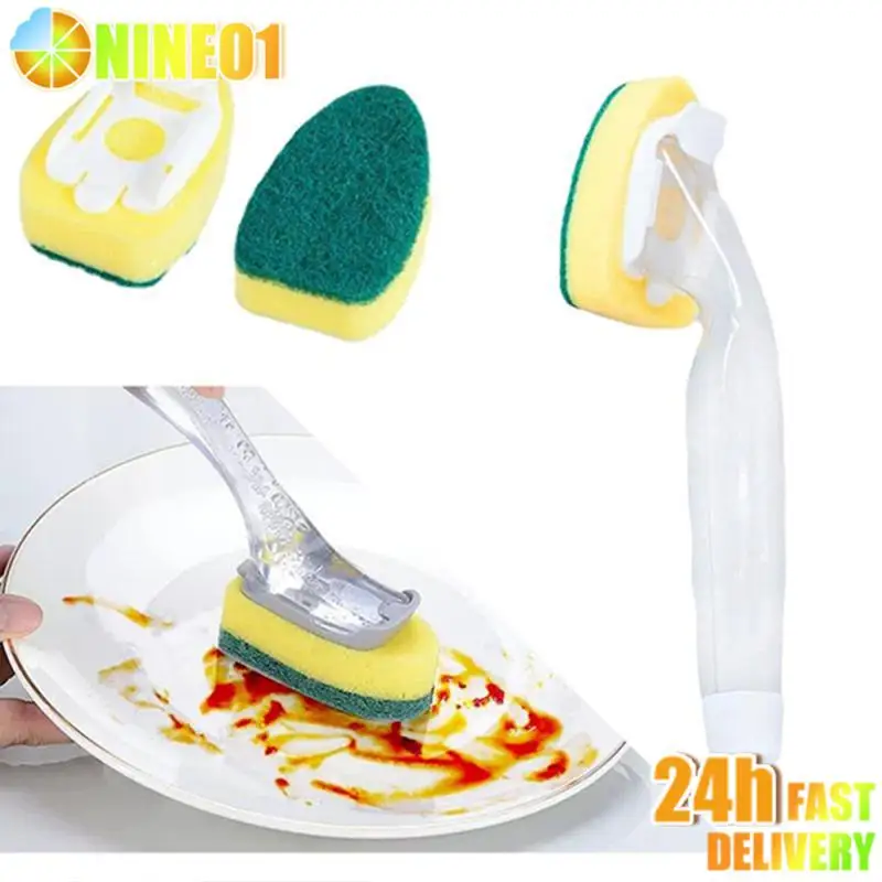 Replaceable Cleaning Brush With Refill Liquid Handle Scouring Pad Sponge Brush Dispenser Dish Scrubber Home Dish washing Tool