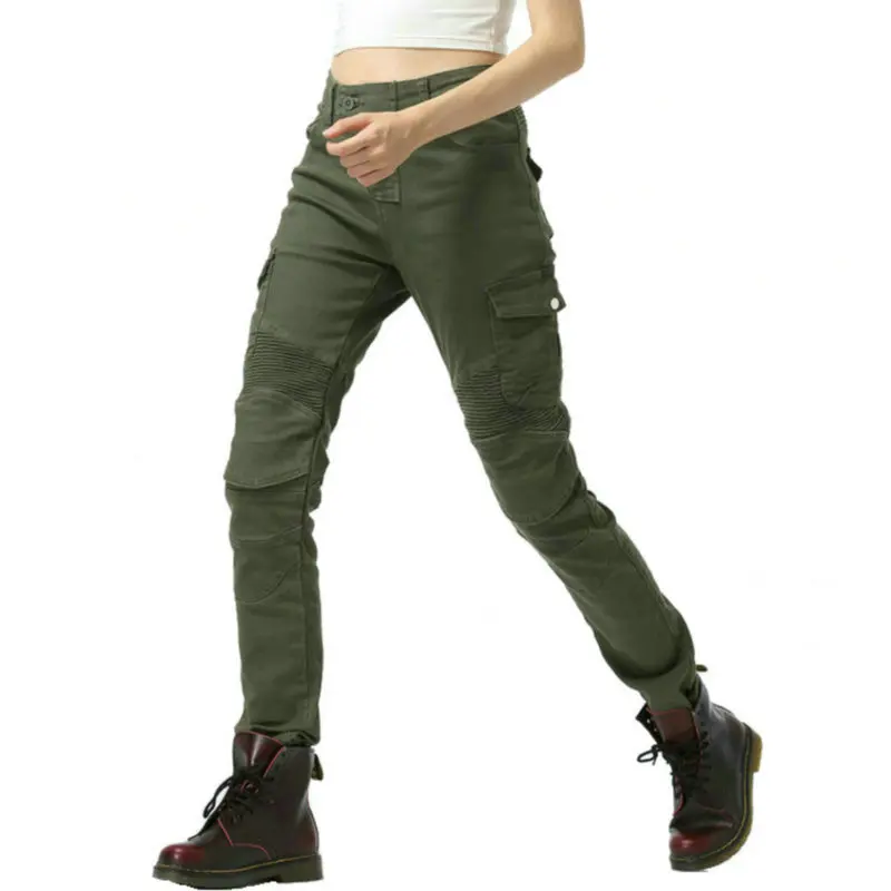 أنثى دراجة نارية أربعة مواسم ركوب الجينز الجيش الأخضر موتوكروس حماية السراويل النسائية قاطرة واقية بنطلون مستقيم #2