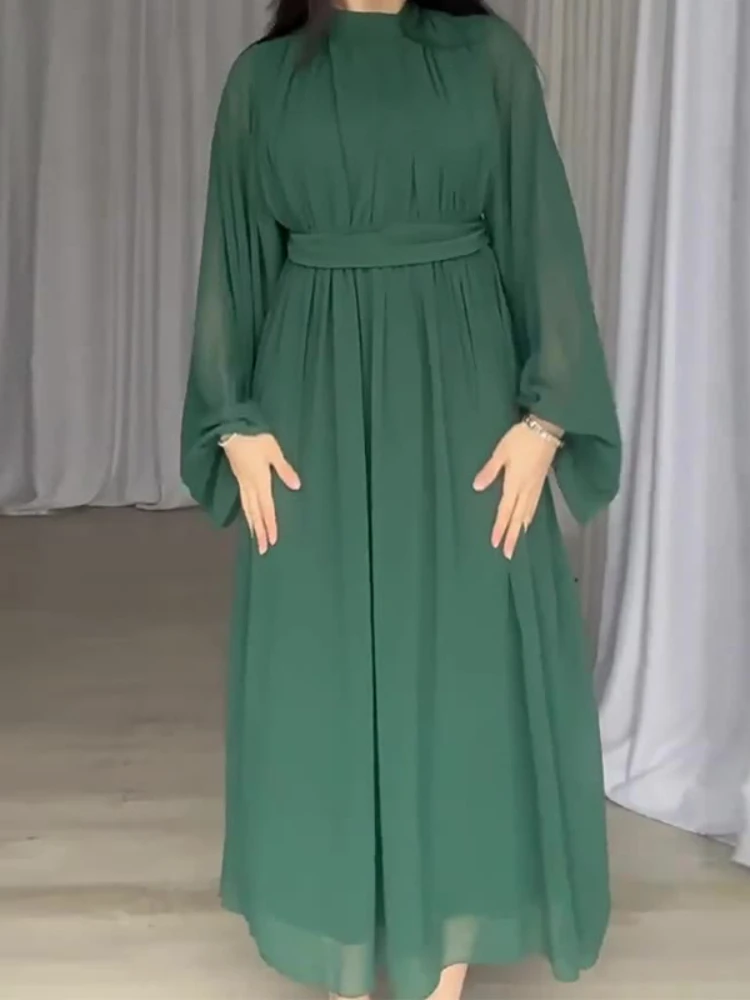 Eid Pleated Dress for Women Chiffion Muslim Party Ramadan Abaya Long Dress Belt Kaftan Vestidos Largos Dubai Robe Jalabiya 2024