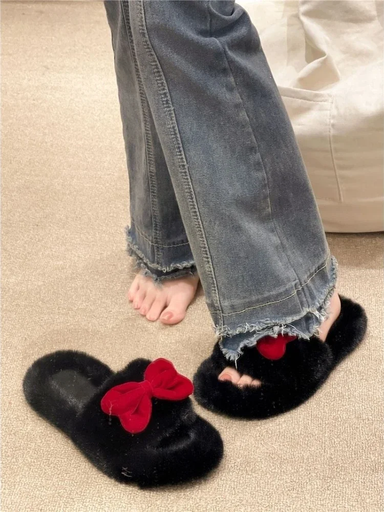 ​-レディース-2025年秋新作-リボン結び-ふわふわスリッパ-快適なアウトドアウェア-厚底-おしゃれ-どんなコーデにも合う-つま先ループ付き-​