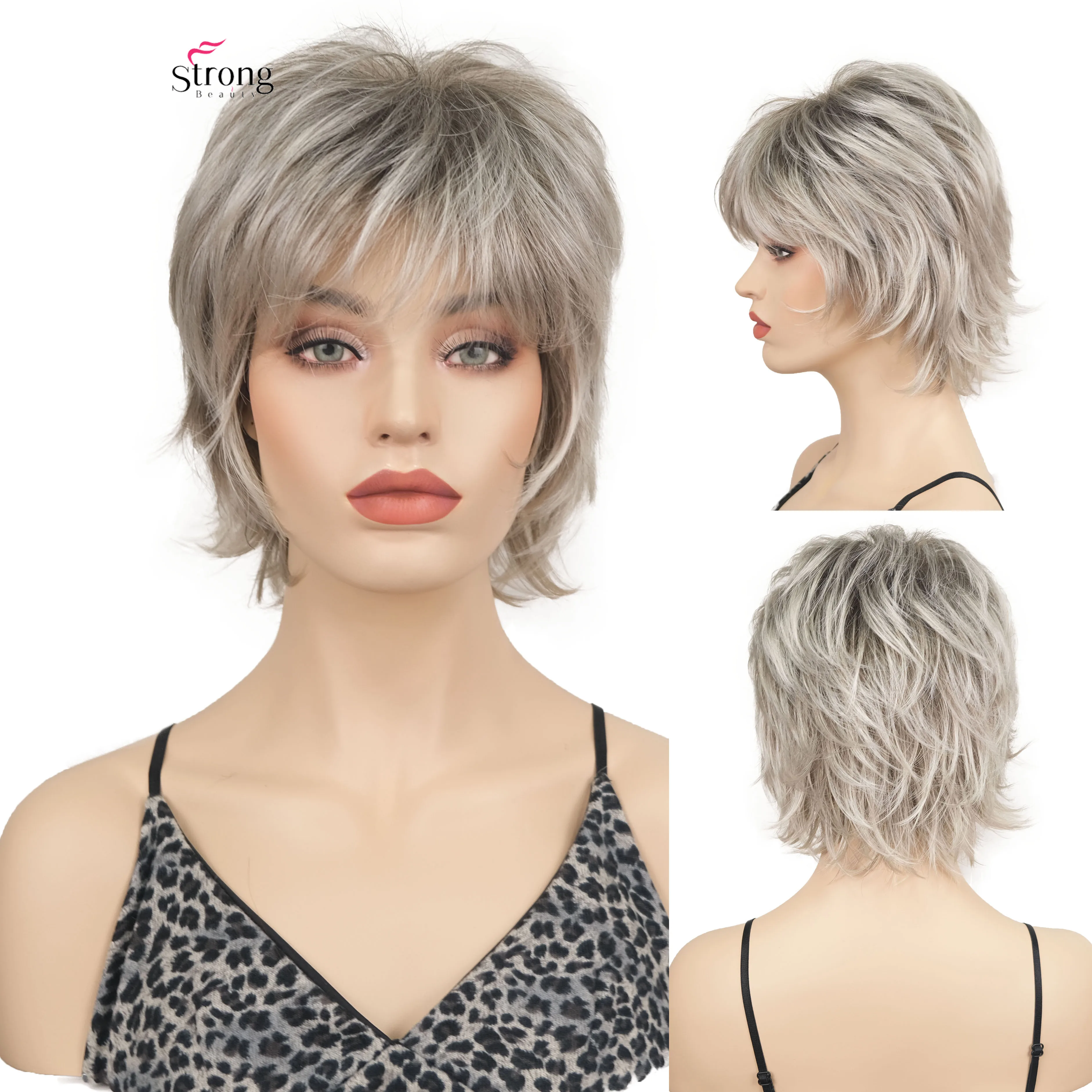 

Strongbeauty серебристо-серый натуральный короткий парик для женщин, многослойные волнистые откидные концы, короткие волнистые женские синтетические парики