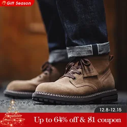 Maden Autumn and Winter Mid-top Work Boots for Men Round-toed Flat-heeled Boots Retro Outdoor Shoes Wear-resistant Rubber Sole