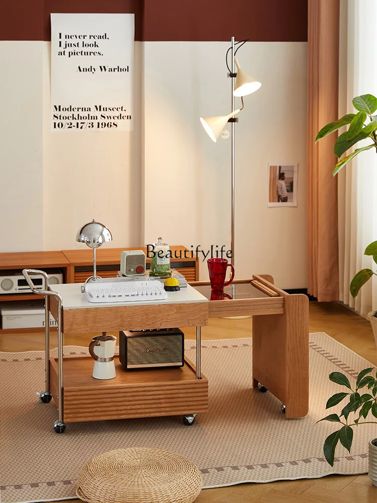 

Japanese Cherrywood Tea Table Removable Sofa Side Table Stone Plate Tea Cabinet