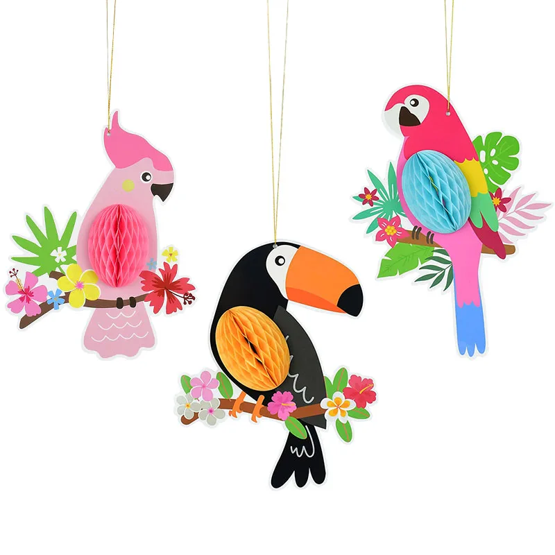 3Pcs Hanging Paper Tropical Bird Honeycomb Ornaments Hawaiian Luau Tropical Party Decoration Wedding Kids Party Favors Supplies