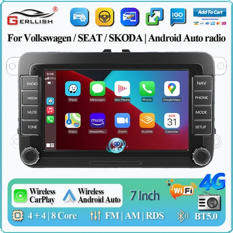 2DIN Android 15 Car Radio for VW Volkswagen Seat Skoda Passat Golf Polo with CarPlay Android Auto Stereo Audio System 7" Display