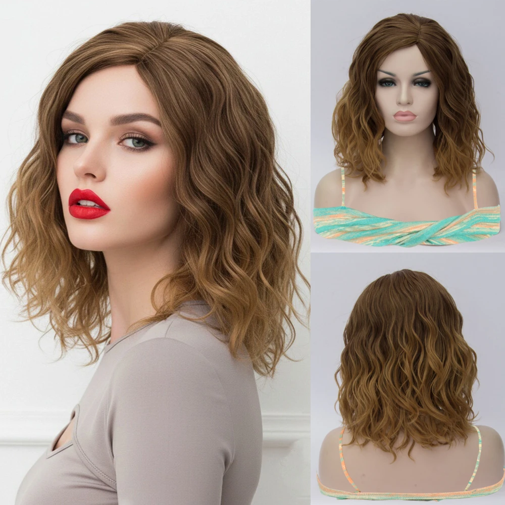 Women Short Wavy Brown Wig Side Part Fluffy Layered Synthetic Heat Resistant Wig Cosplay Party Daily Use