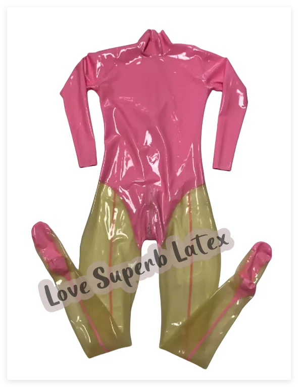 Handmade ยางธรรมชาติสีหลักโปร่งใส Catsuit ร้อนและเซ็กซี่ผิวแน่น Jumpsuit กลับและเป้าซิป