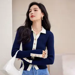 Autumn Knitting Cardigan Female Turn-down Collar Slim Long Sleeve Bottoming Shirt Women Clothes All-match Buttons Sweater Tops