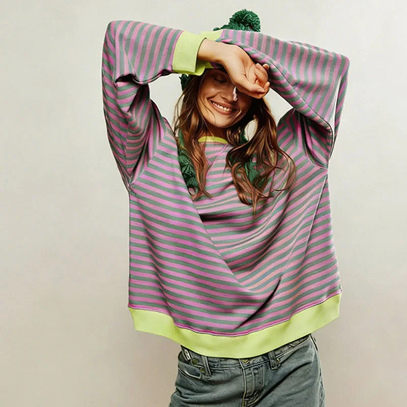 Damen Herbst/Winter Neuer Gestreifter Rundhals-Pullover Locker Lässig Langarm Sweatshirt Streetwear Harajuku-Stil Sweatshirt-Jacke – Detail 8