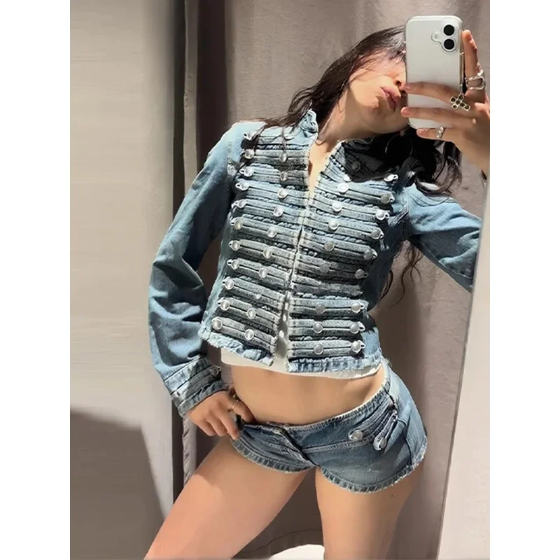 Chic Stand Collar Denim Coat Shorts Set Women Multiple Rows Button Decoration Jacket Low Waist Jean Shorts Retro High Streetwear view 4