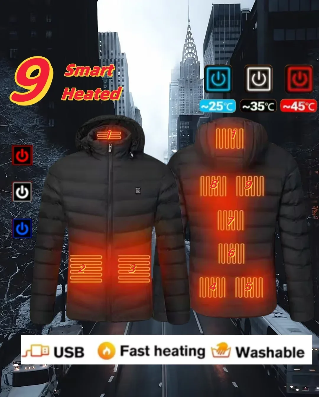 USB 21/23/25  Multi-zone Heating Clothing Fashion Hooded Coat Winter Cold Warm Tooling Jacket Simple Solid Color Men\'s Clothing