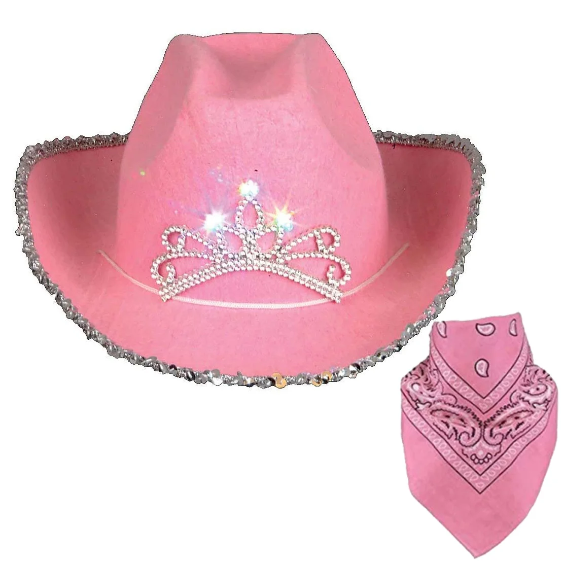 Pink Tiara Western Cowgirl Hats with Crown for Women Girl Rolled Fedora Caps Feather Edge Cowboy Hat & Bandana Scarf Kerchief