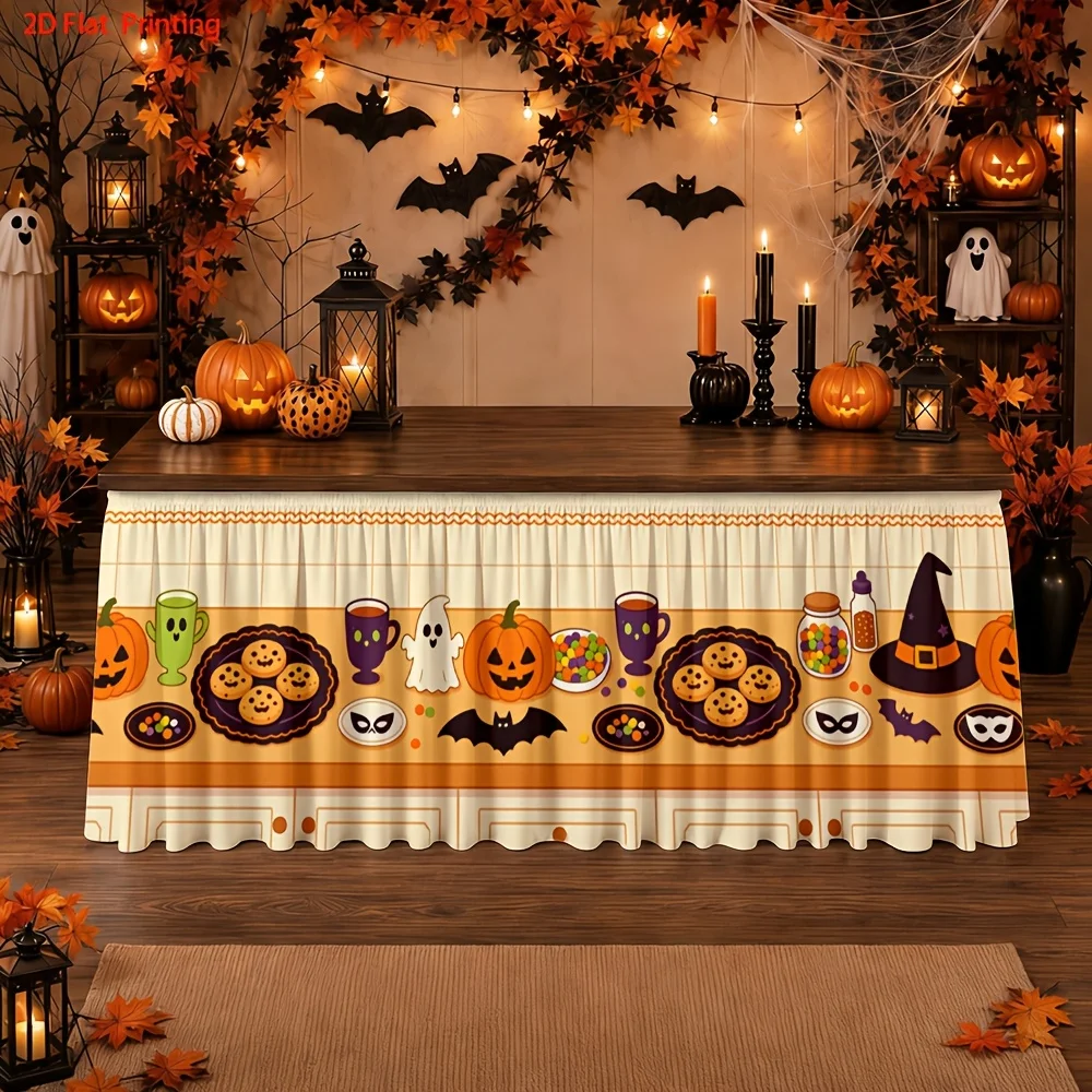 2D flat patterned table skirt - Halloween table skirt - Printed polyester festive scary cute imaginative kitchenzyc