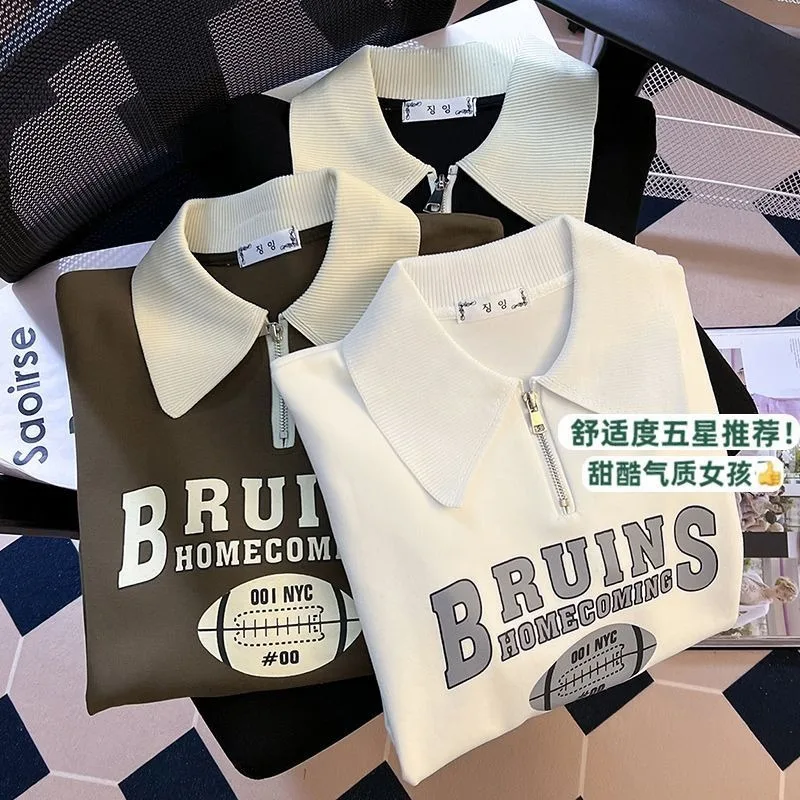 New Autumn Women Streetwear Tops POLO Shirt Clothes for Teens Hip Hop Vintage Green Spaceship Letter Badge Printed Sweatshirt