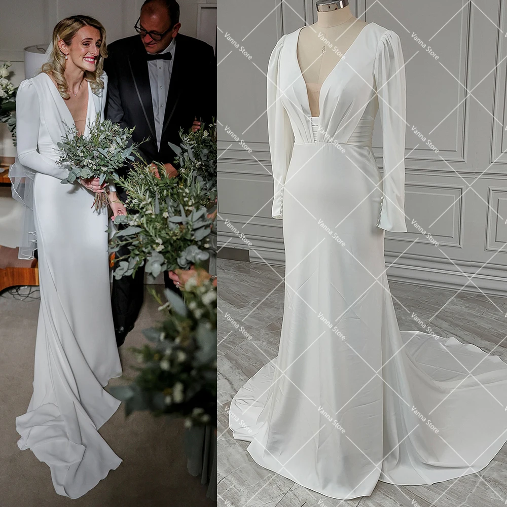 Mermaid Satin Long Sleeves Wedding Party Gowns Simple Open Back Deep V-Neck Beach Buttons Customized Ruched Hollow Bridal Dress
