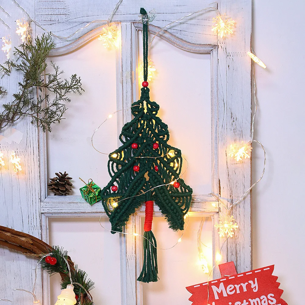 Macrame Christmas Tree Wall Hanging Tapestry Tassels Bells Handmade Boho Wall Decoration Bohemian Decor For Living Room Kid Gift