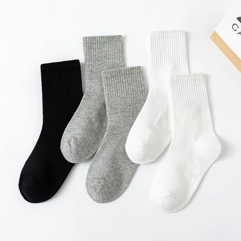 5 Pairs Child Middle Tube Socks For Baby Solid Color In White Black Gray Streetwear Harajuku Fashion Breathable and Casual Socks