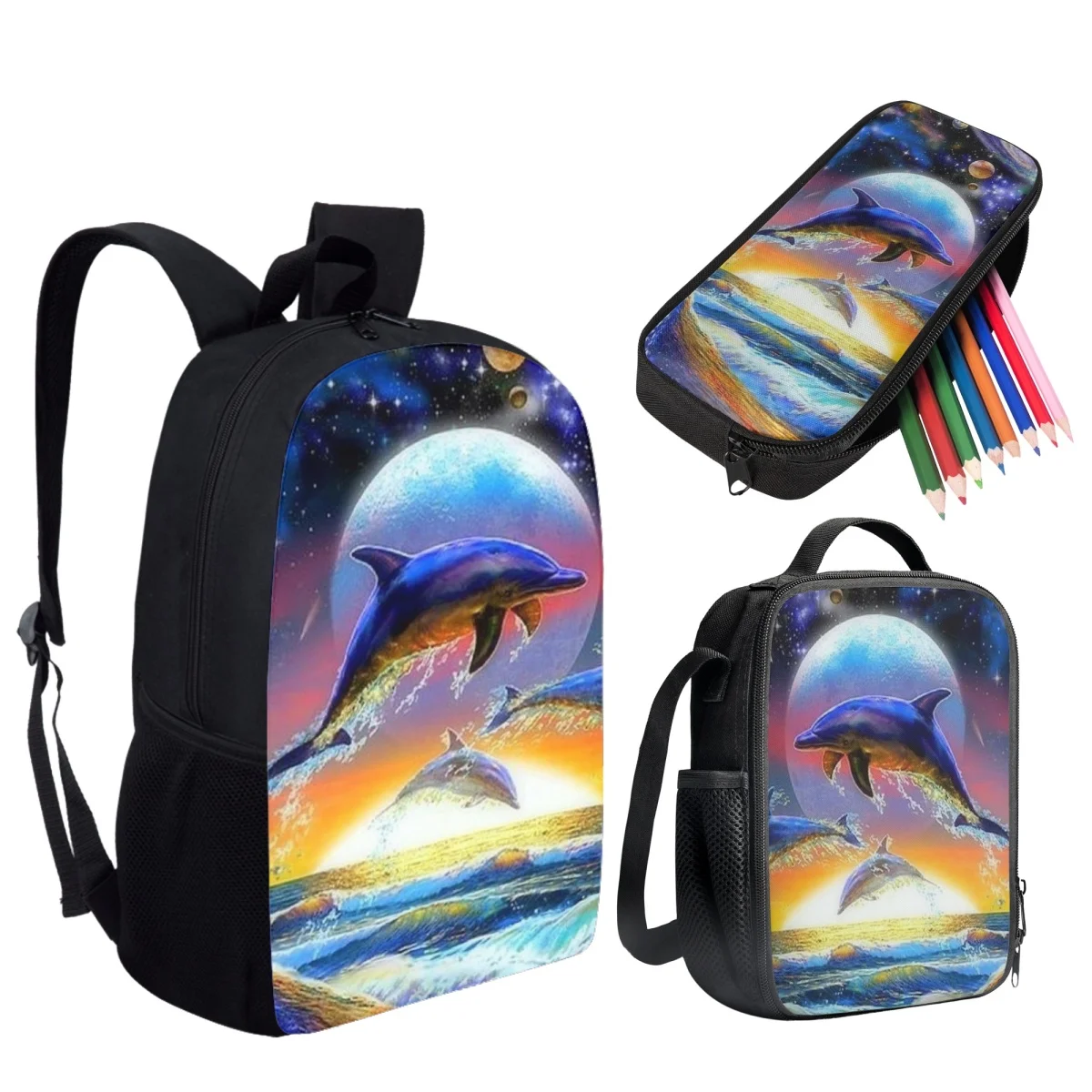 3D Animal Dolphin 3 Pçs/set Mochilas Escolares para Adolescentes Meninas Meninos Moda Casual Crianças Mochila Mulheres Homens Bookbag Viagem Mochila