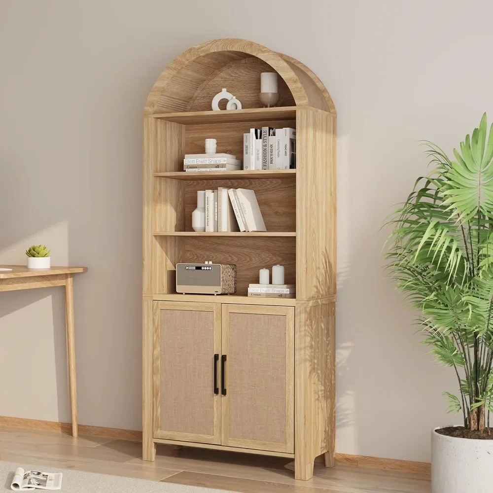 

71" Tall Arched Bookcase with Storage, Mid-Century Modern 6-Tier Cabinet with Door, Arched Bookshelf Cabinet with Open Display