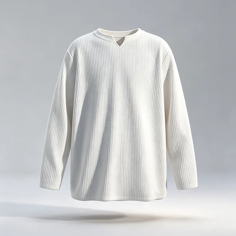 T-shirt à manches longues pour homme, coupe ample, col en V, texture douce, décontracté, respirant, idéal pour un usage quotidien, t-shirt basique à côtes verticales.