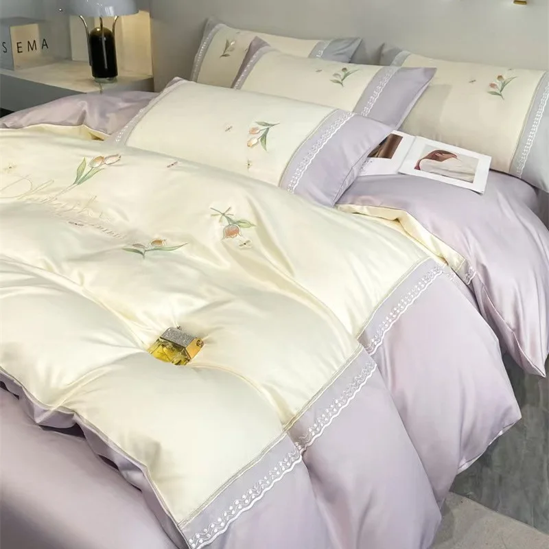 Four piece set of Tian Si Ice Silk, summer light luxury embroidery, high-end silk sliding bedding, duvet cover, three piece set