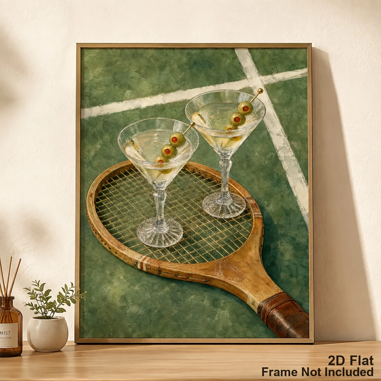 (No frame)2D Flat, 2D Flat, Posters And Prints Unframed Canvas Wall Art, Vintage Tennis Racket And Martini Cocktail Still Lif
