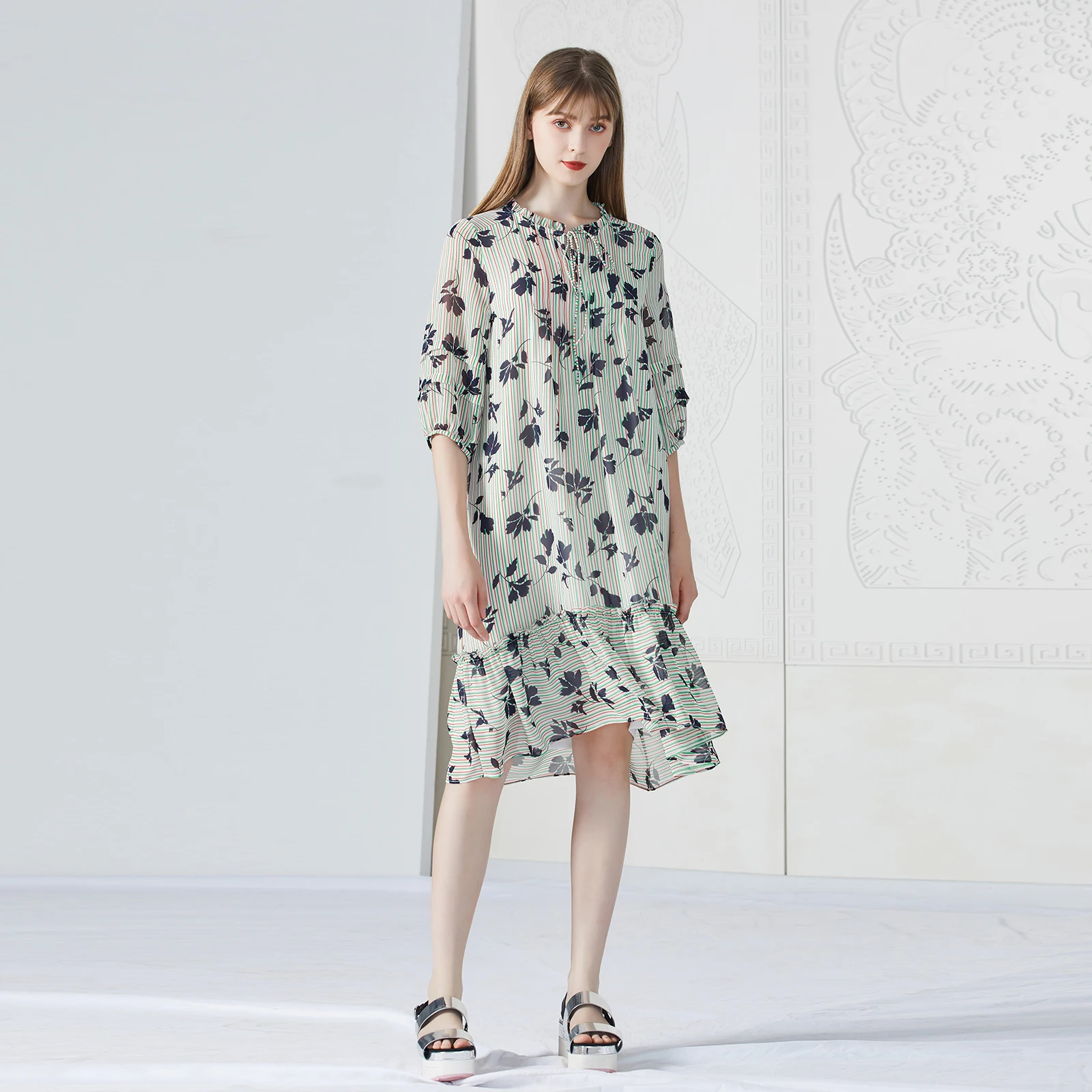 Lightweight A-Line Midi Dr een Stripe Print Chiffon ort Sve Women's Dr G-ZEN COLLECTION Summer 2023 Polyester Fiber