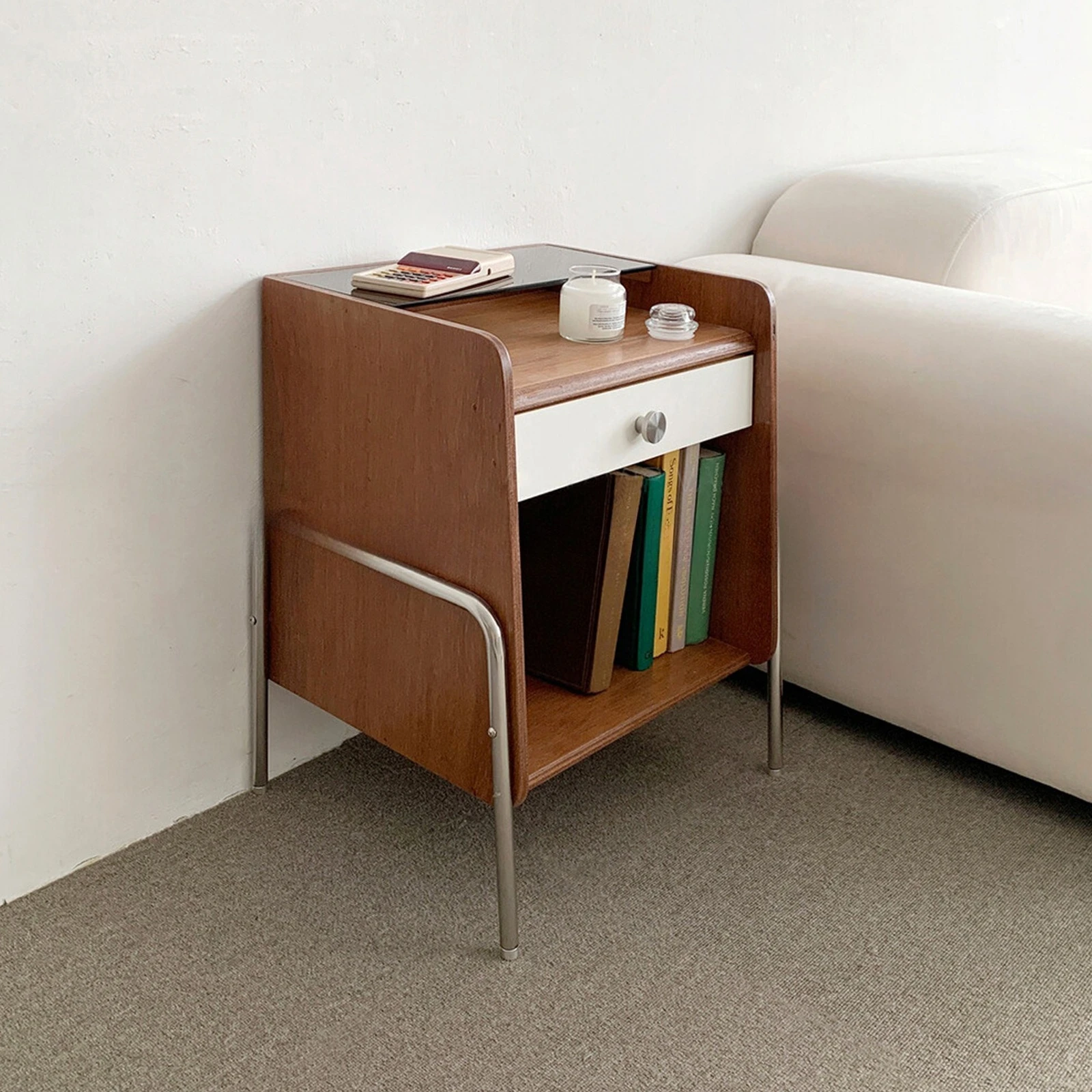 Simple wooden bedside table, retro wall sofa, small side cabinet, storage cabinet, small side table