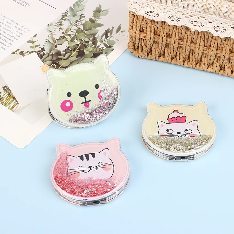 Cat Double-Sided Makeup Mirror Portable Quicksand Sequins Cartoon Girl Gift Hand Mirror Pocket Double-Sided Makeup Mirror