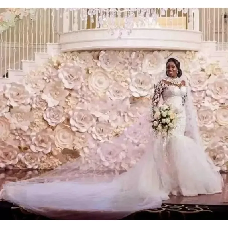 

Customized Cystal Beading Long Sleeves Vintage Lace Mermaid Custom Made High Neck Appliques White Wedding Dress 2023