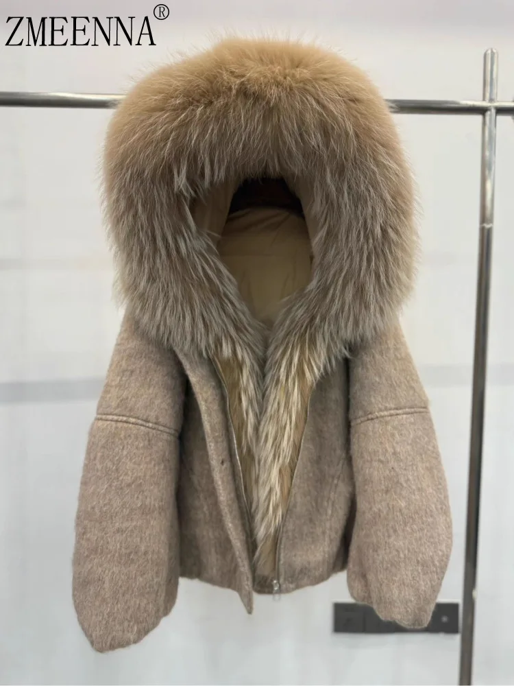 

ZMEEENNA Women’s Winter Wool Coat With Oversized Real Fur Collar Thick Warm Short Jacket Russian Style Fur Hooded Coats ZM4606
