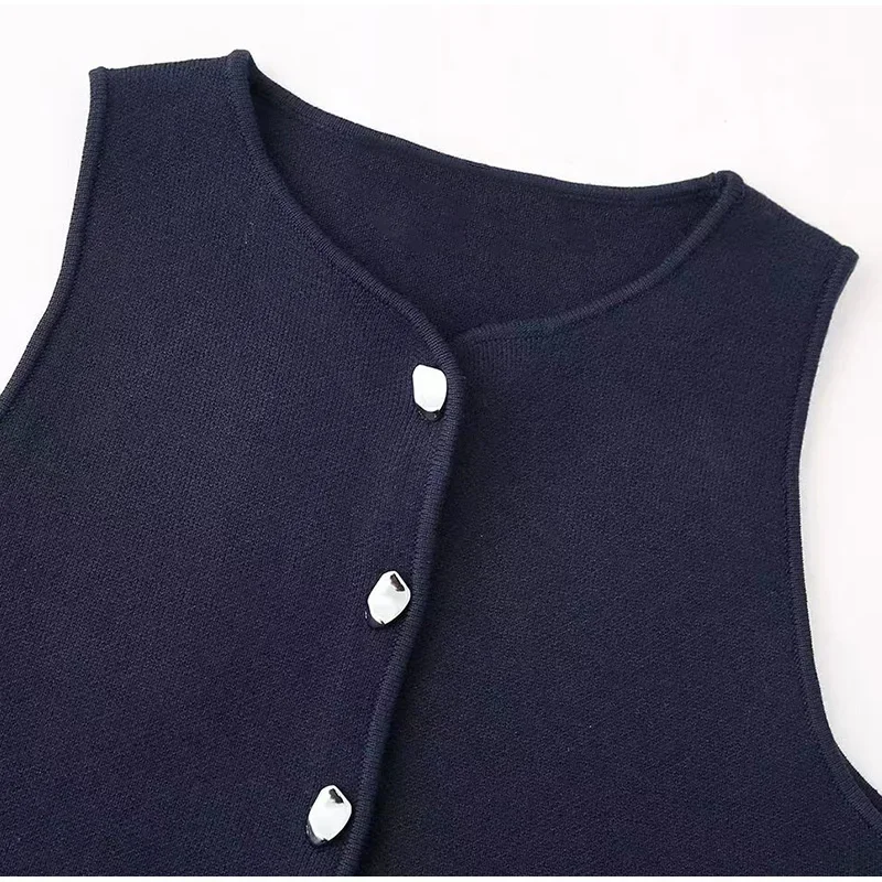 Chaleco de cuello redondo de punto liso para mujer, chaleco elegante sin mangas de una sola botonadura, Tops recortados para mujer, moda 2024