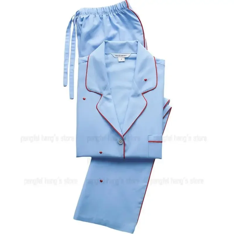 Luxury Embroider Love Pijama Mujer Blue Outfit Women Cotton Sleepwear Long Sleeve Shirt Pants Loose Home Clothes Pajama Sets