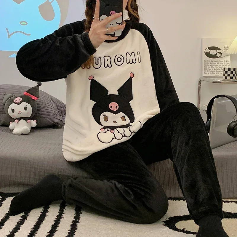 New Sanrio Kuromi Pajama Sets Women Winter Warm Cute Sleepwear Print Pajama Cartoon Home Clothes Valentine\'S Day Gift Soft