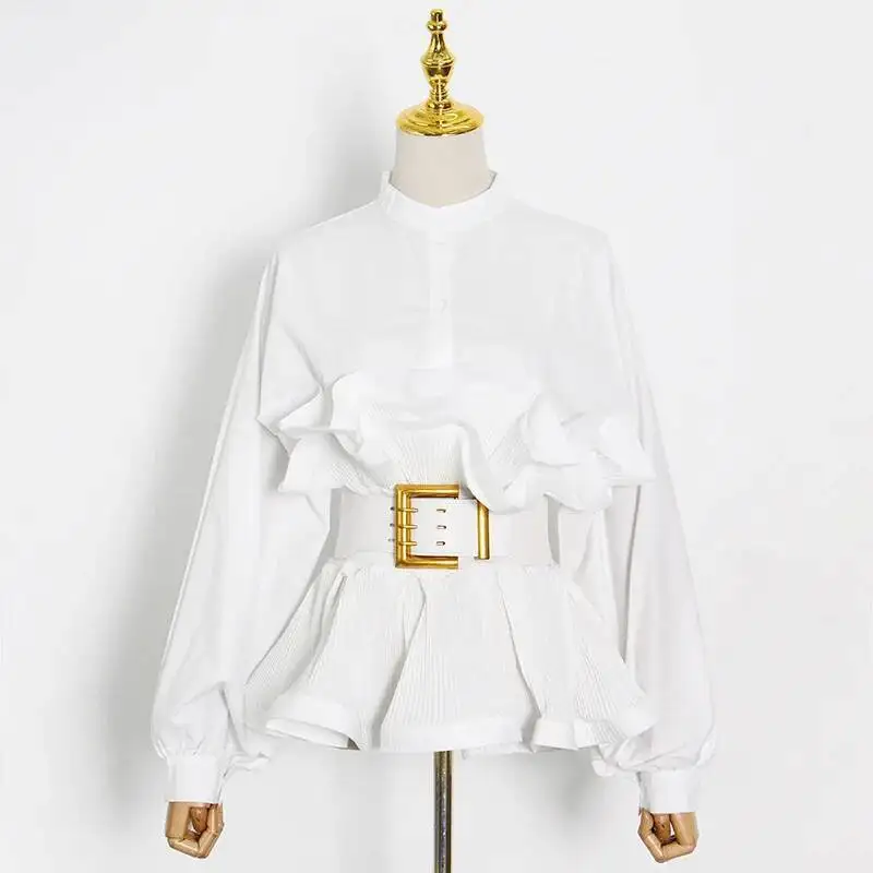 Женские рубашки Белый Черный Большой пояс 2026 Весенняя новая стильная рубашка с высокой талией и воротником-стойкой Slim Fit с длинным рукавом и оборками