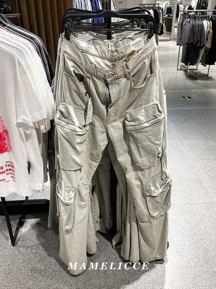 MAMELICCE Original design High Street Jeans cargo pants Workwear with multiple pockets Washed denim casual Wide leg pants man
